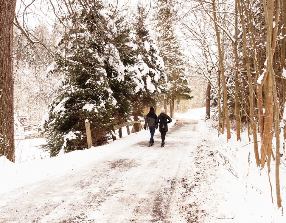 People walking on a snowy path in winter