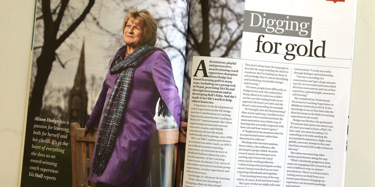 Photo of the Alison Hodge profile in Coaching at Work magazine