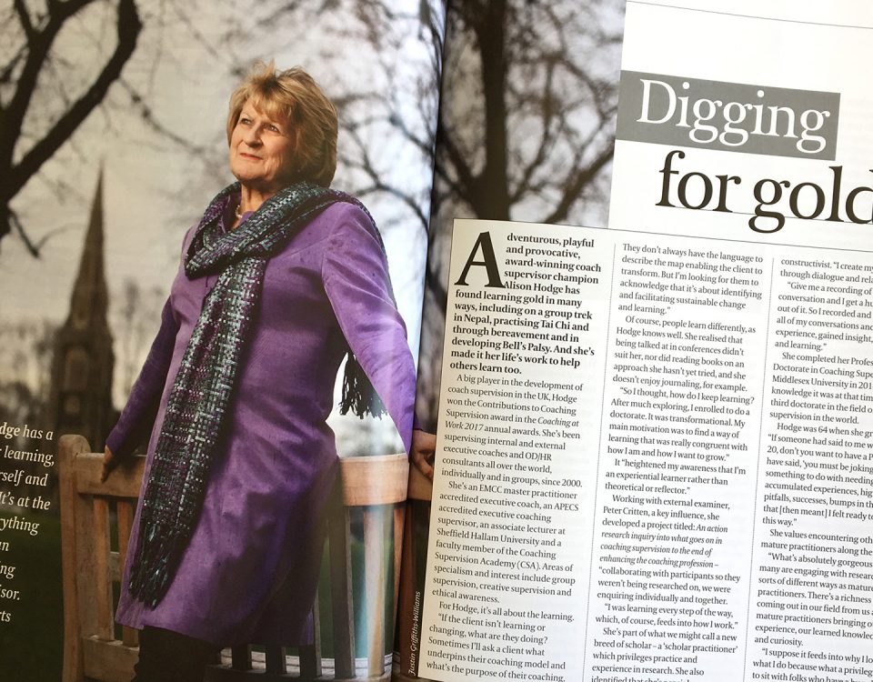Photo of the Alison Hodge profile in Coaching at Work magazine